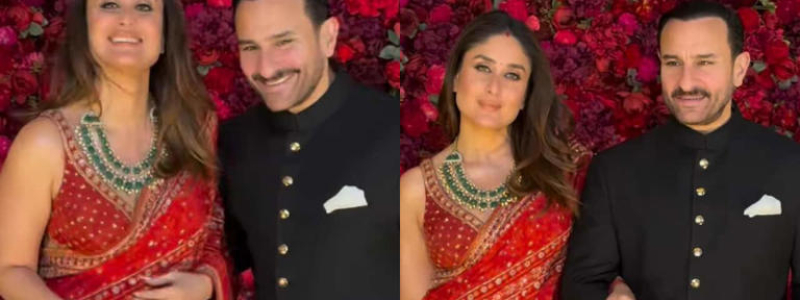 Kareena Kapoor stuns in red saree as she poses with husband Saif Ali Khan at...